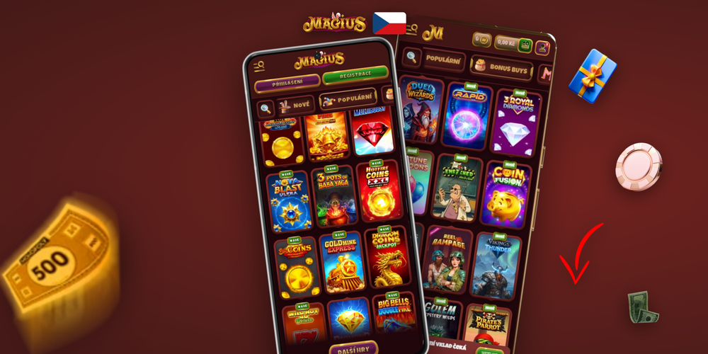 Koláž obrazovek mobilní aplikace Magius Casino se sloty a živým kasinem