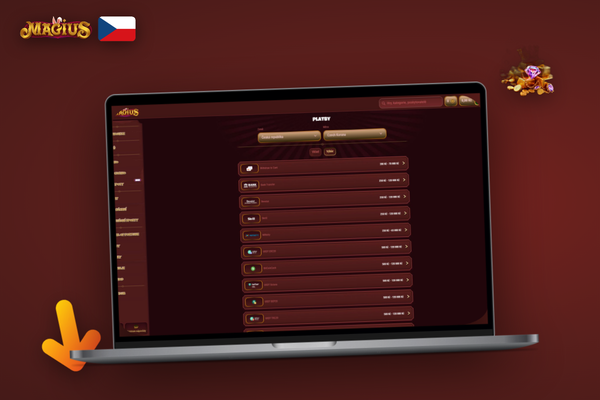 Sekce pokladna v Magius Casino s formulářem pro zadání žádosti o výběr
